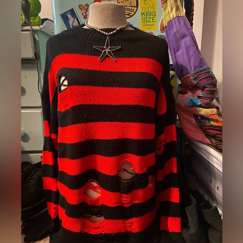 Black & Red Ripped Knit Sweater
